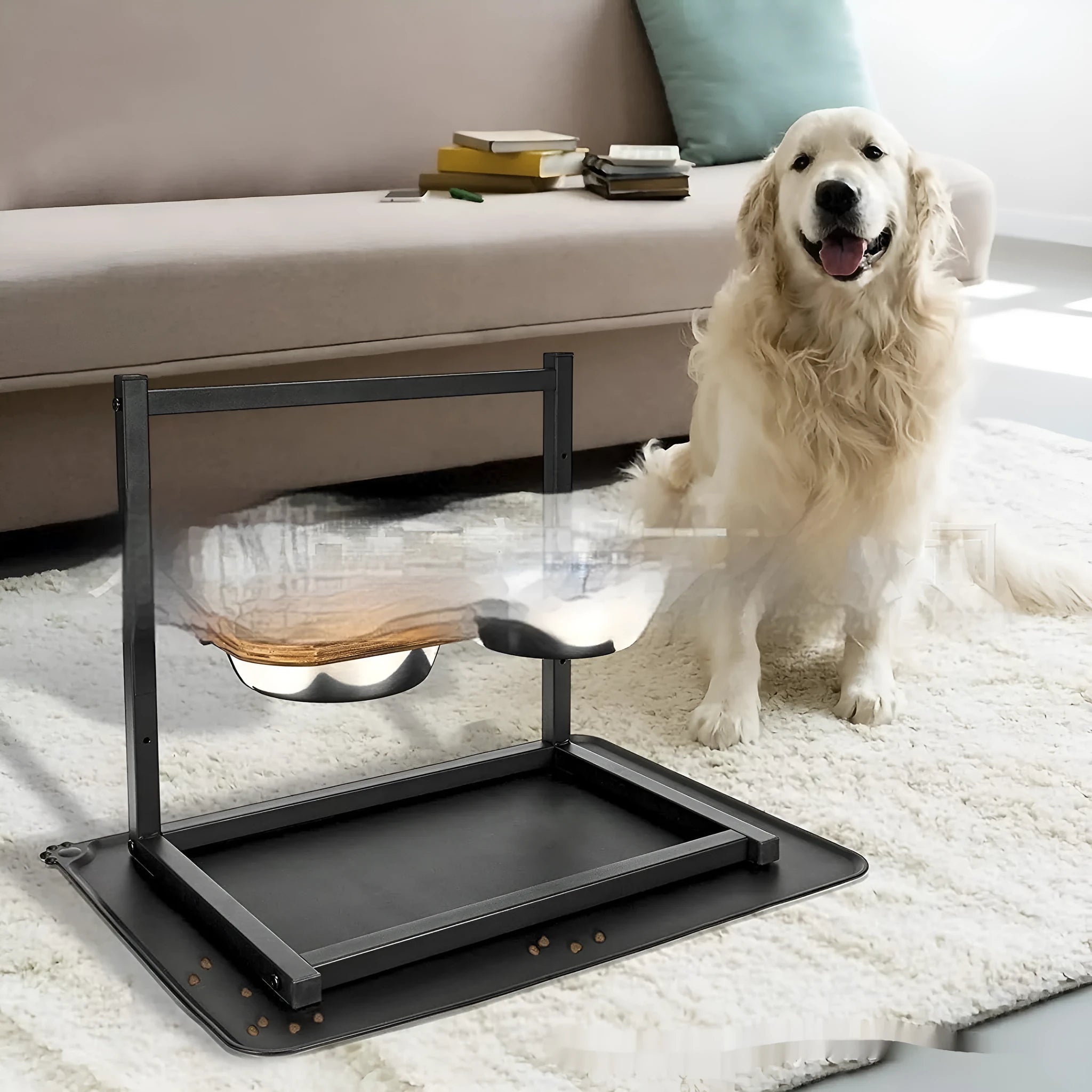 Large black iron dog bowl rack for organised pet feeding station