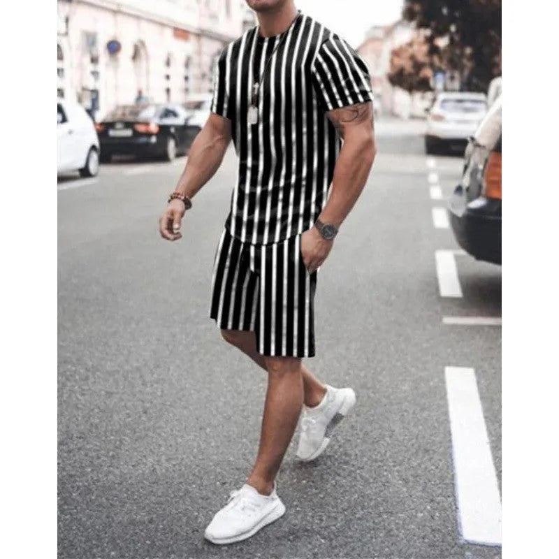 Men's short-sleeved two-piece sports and leisure suit in polyester blend fabric, showing top and shorts set