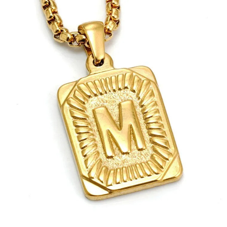 Gold-plated 18K titanium steel letter pendant necklace on a pearl chain, unisex design, gold colour