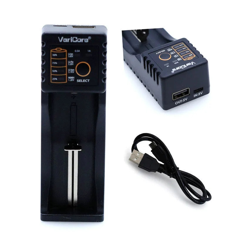 V10 universal battery charger with USB output for 18650 Li-ion and NiMH cells
