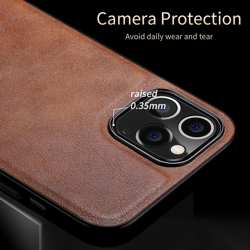 Black retro-style PU leather business phone case for iPhone 12 with visible TPU frame and lanyard holes
