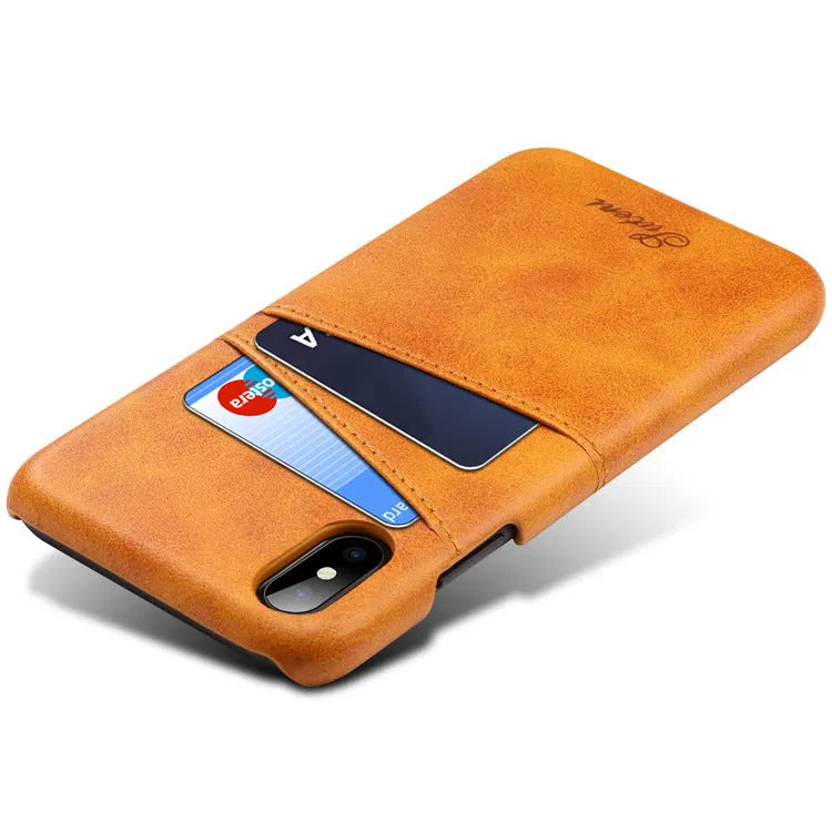 Slim black PU leather wallet phone case open to show two card slots and a felt interior.