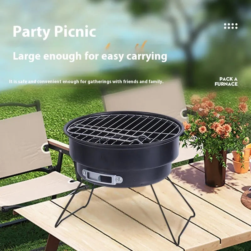 Small round metal folding ice stove grill with leg, mesh, and cooking grate for 1-2 people.
