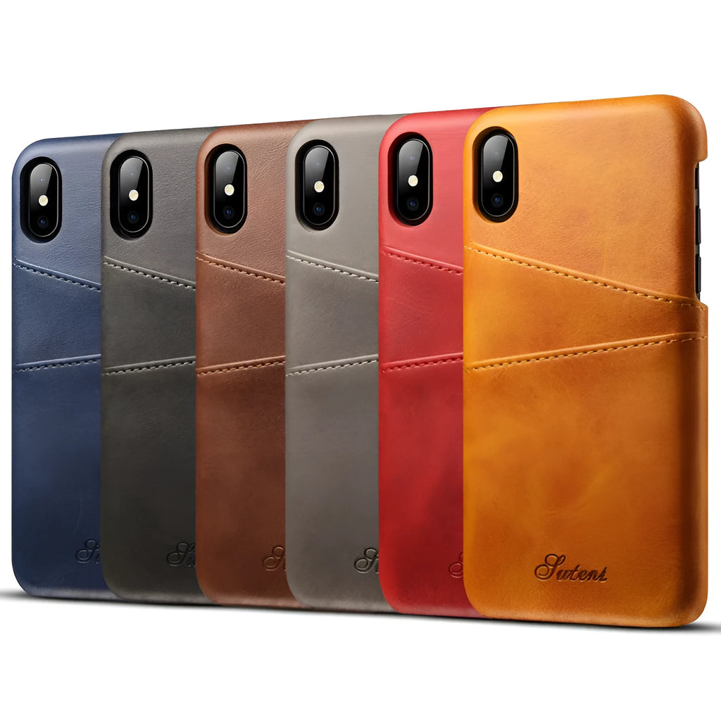 Slim black PU leather wallet phone case open to show two card slots and a felt interior.