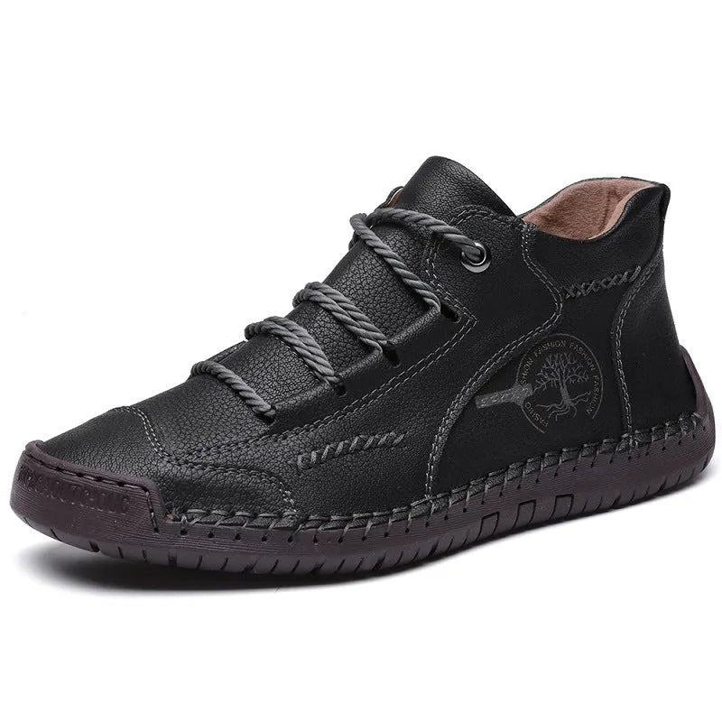 Men's brown leather high-top lace-up casual boots on a white background.