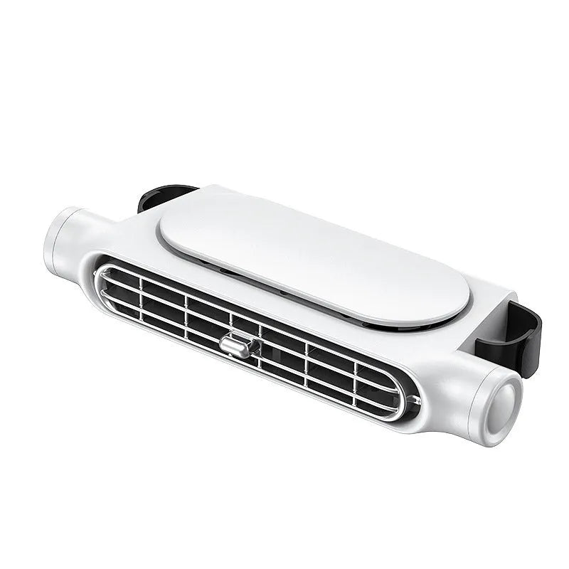 Beige bladeless USB car fan with Velcro mount attached to a car headrest