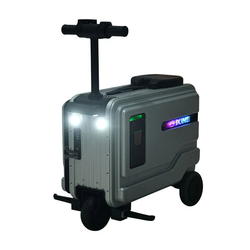 Multifunctional smart boarding bag riding suitcase in advanced silver with aluminium magnesium frame and single-directional wheels
