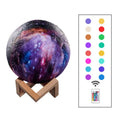 3D-printed spherical lunar night light on a surface, showing its colour-changing LED glow and remote control.