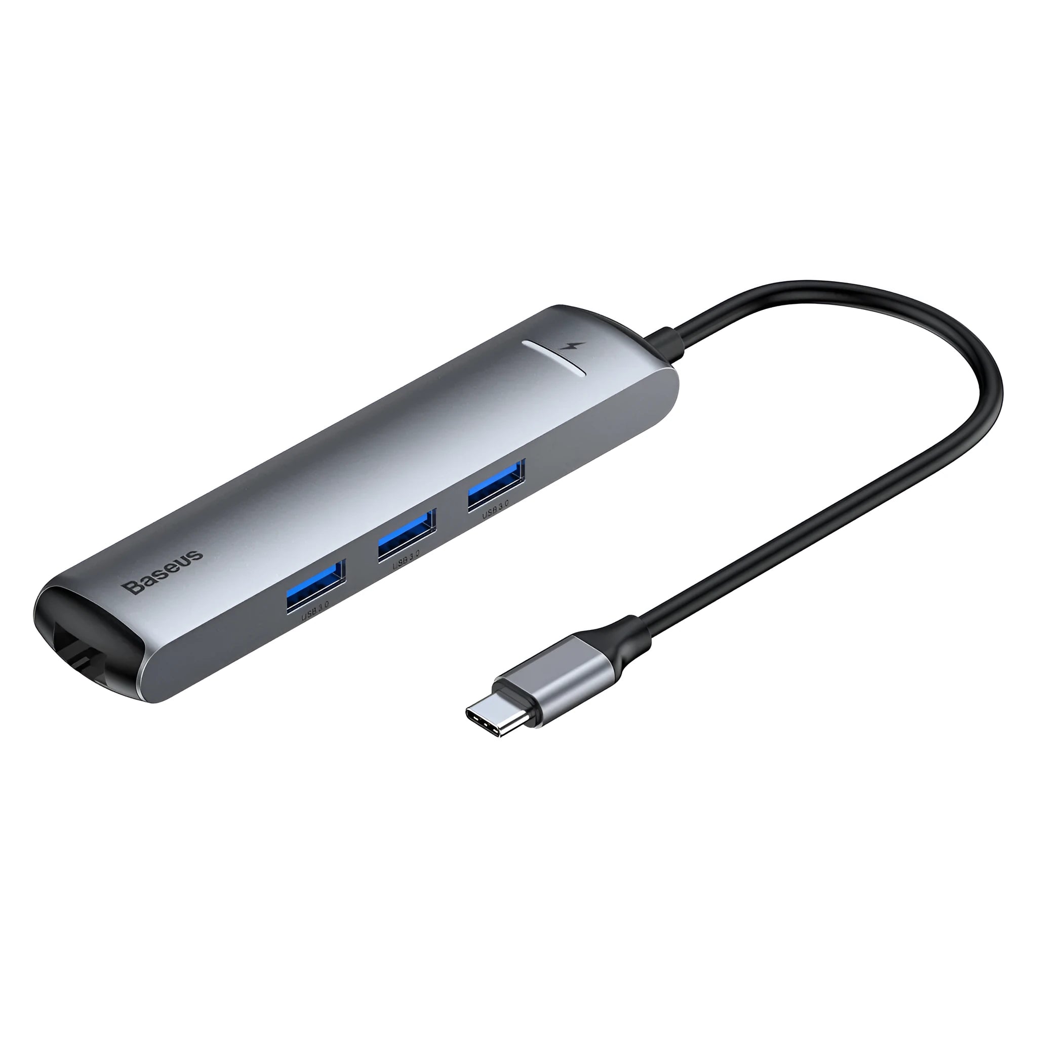 Dark grey Type-C docking station hub compatible with Apple MacBook and iPhone models with 5Gbps transfer rate
