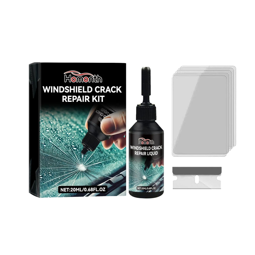 Windshield crack repair kit with 20ml fluid bottle, PET blade, and five cured films for car glass repair.