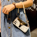 Chain charming fox mirror mobile phone case with diamond decoration in white colour for iPhone