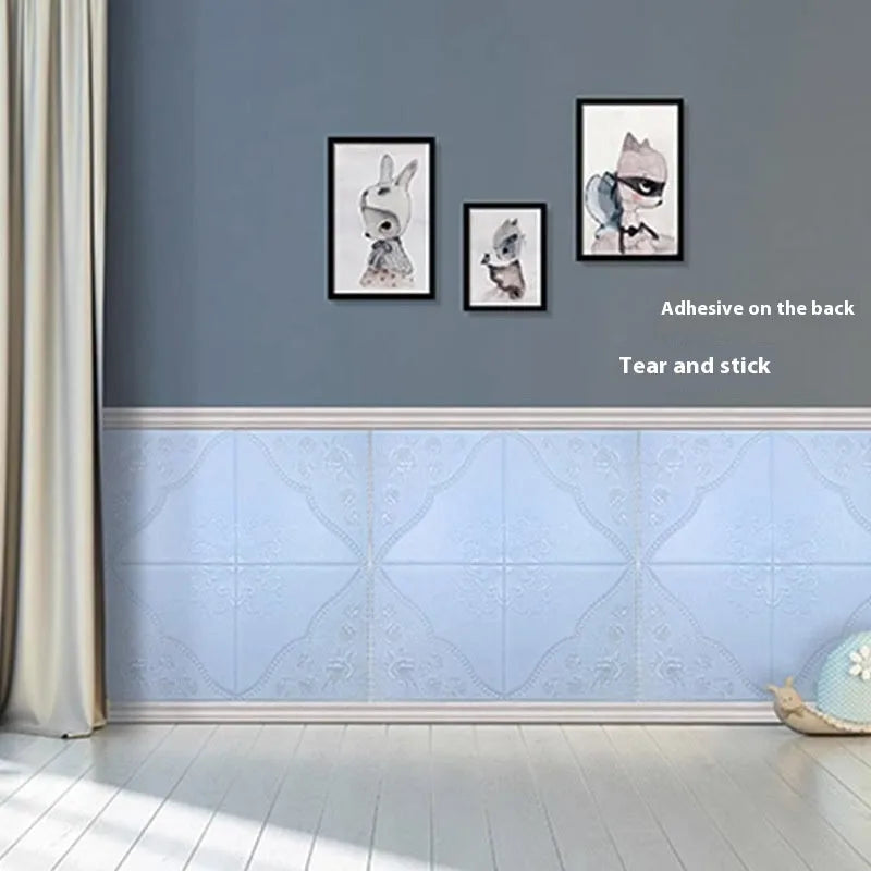 Light blue XPE foam wall sticker with plants and flowers pattern measuring 70cm square