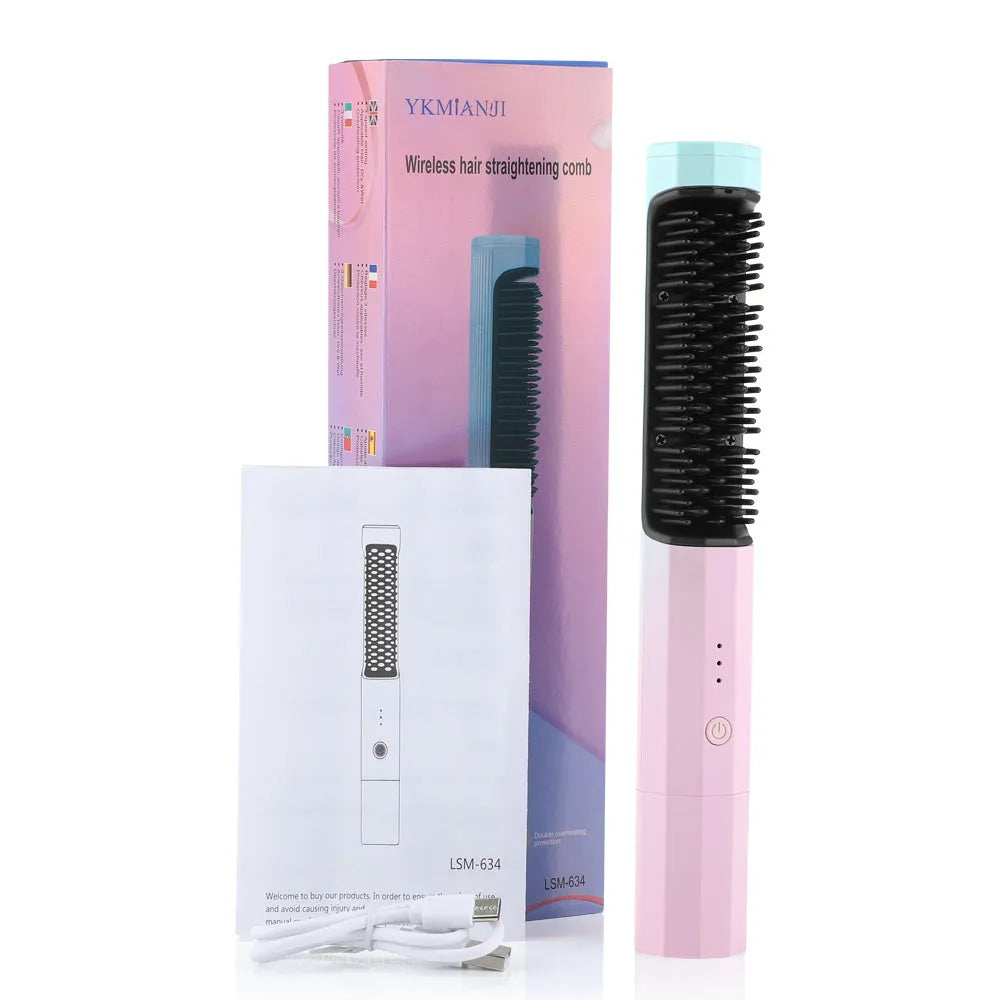 Pink cordless hair straightening comb with USB charging port and heat-insulating comb teeth.
