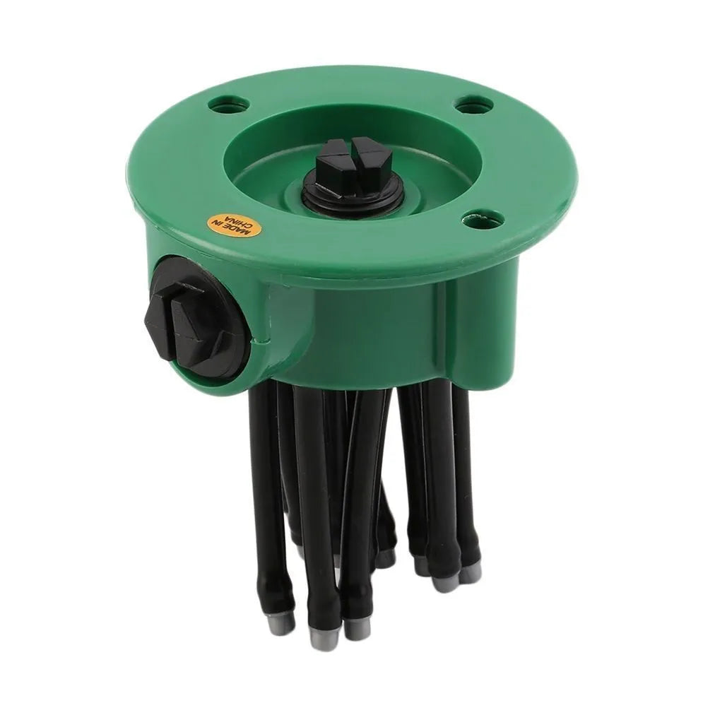 Green adjustable lawn sprinkler with flexible spray noodles and 9cm diameter base