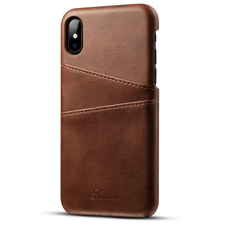 Slim black PU leather wallet phone case open to show two card slots and a felt interior.