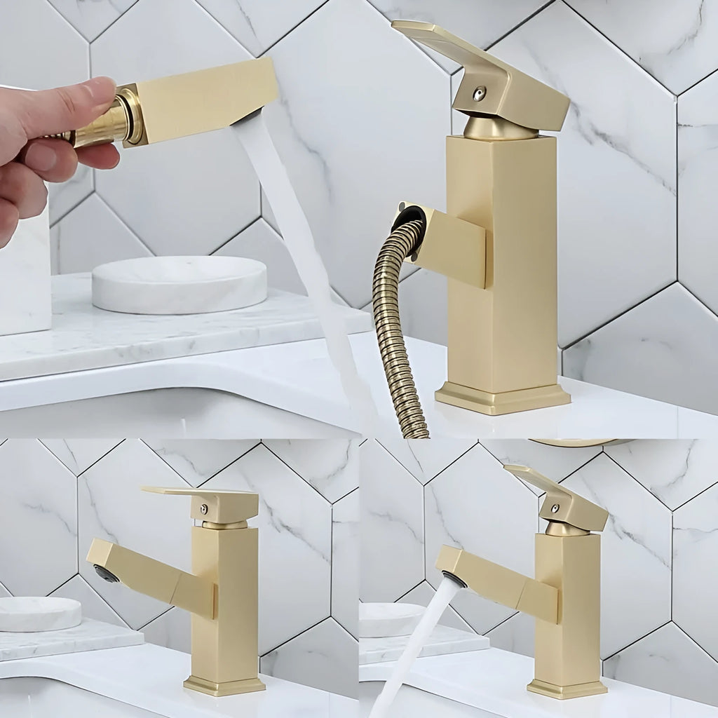 Brass pull faucet with a brushed gold finish, shown in a golden colour.