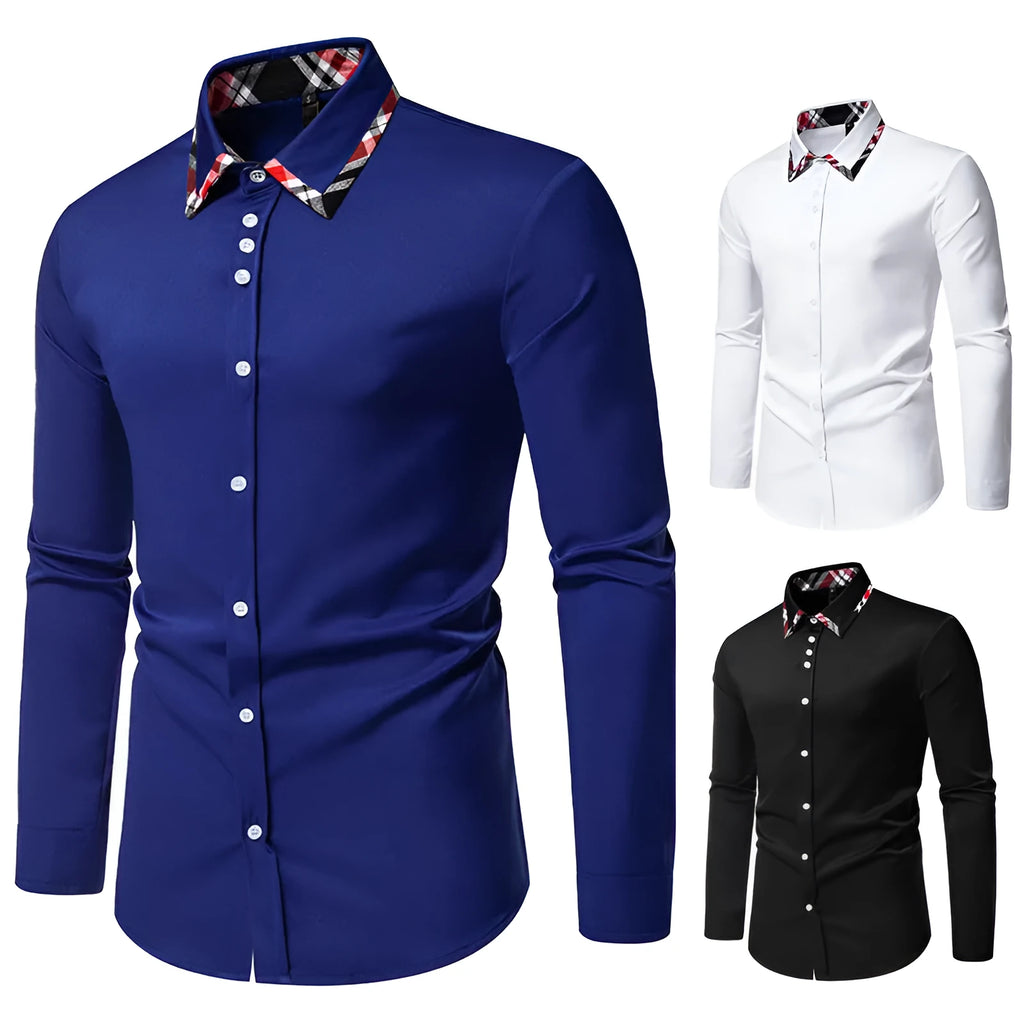 Men's blue plaid long sleeve shirt with a triangle collar and contrasting trim.