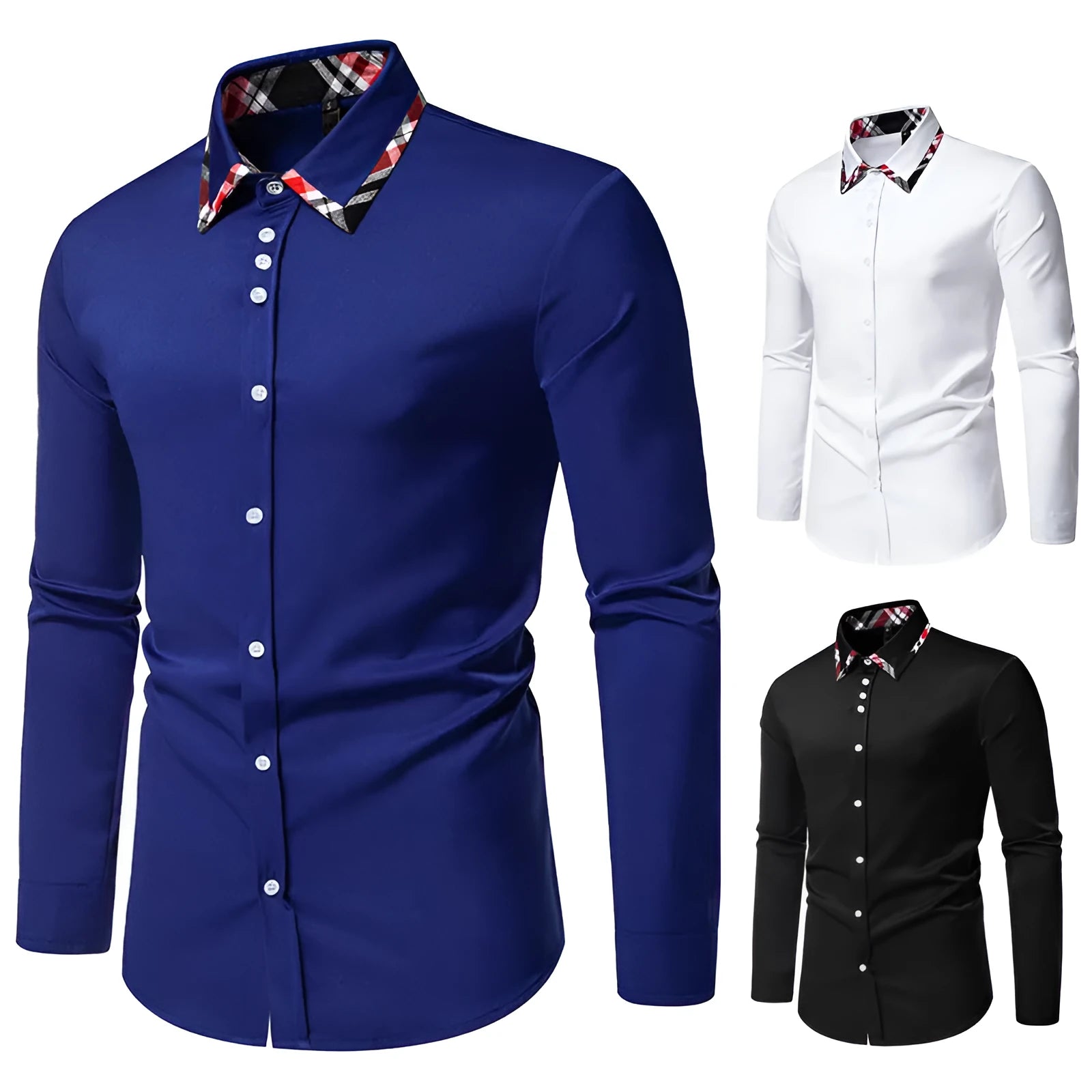 Men's blue plaid long sleeve shirt with a triangle collar and contrasting trim.