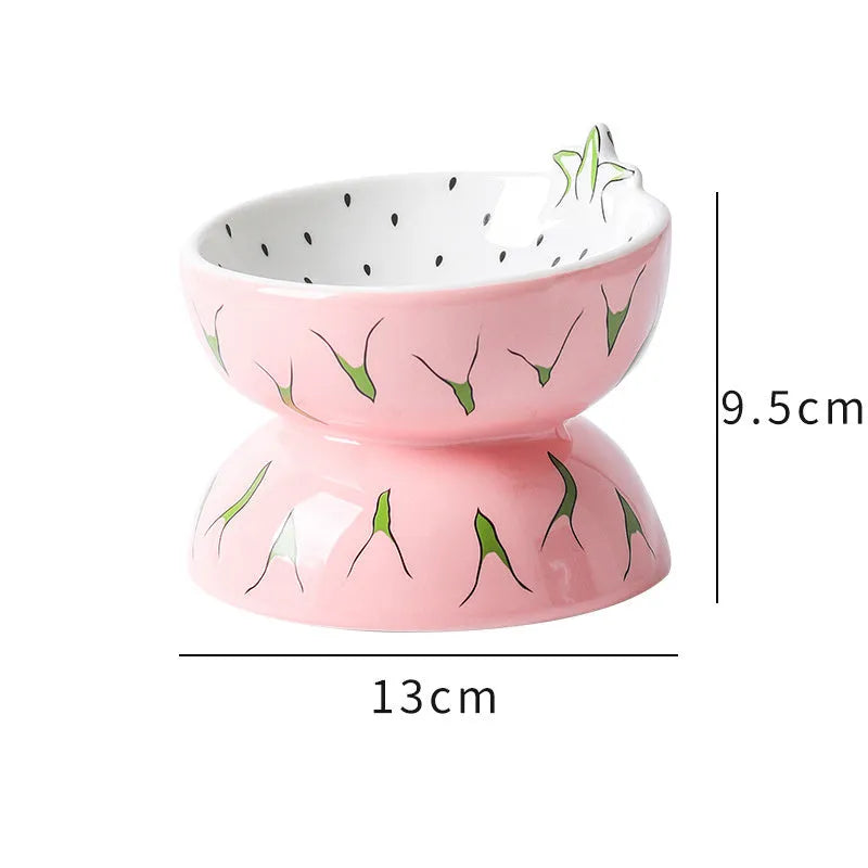 Ceramic raised cat feeding bowl with tilted design in orange colour pattern