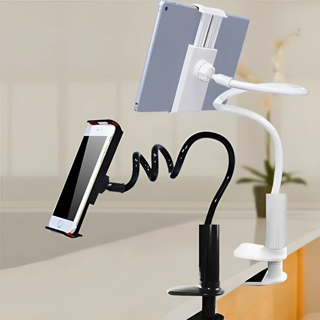 Black flexible mount holder with bendy arm holding a tablet, attached to a surface by a suction cup.