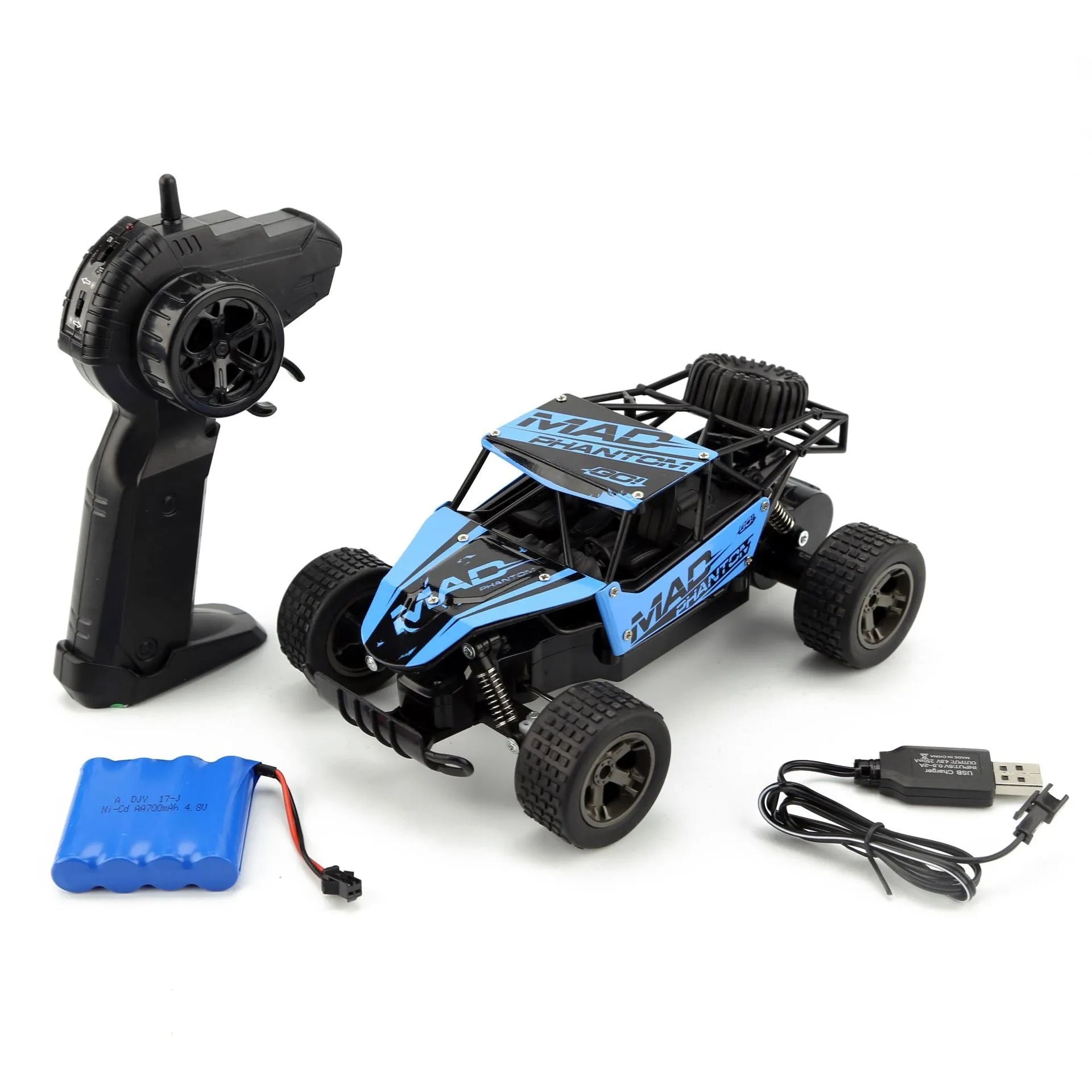 Blue 1:18 scale remote control off-road drift car with 2.4Ghz transmitter on a flat surface.