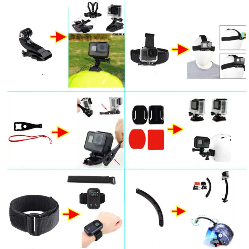 Black sports camera accessories set with mounts, straps, tripods, and 144 anti-fog films on display