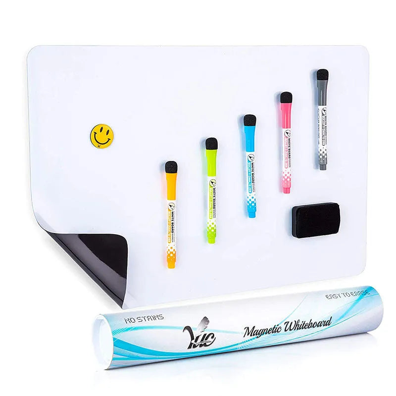 A3 magnetic soft whiteboard with rounded corners on refrigerator door showing handwritten notes