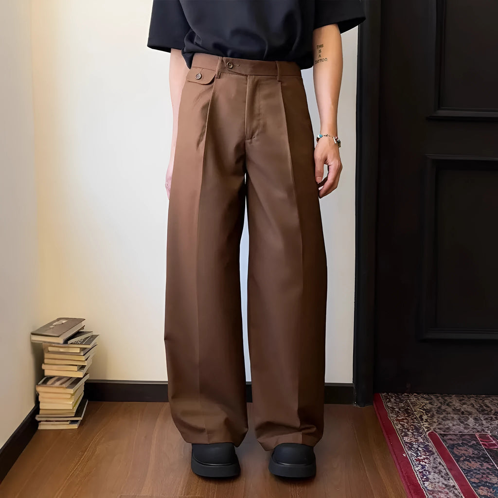 Men's straight-leg loose-fit casual suit trousers in brown and black colour options.