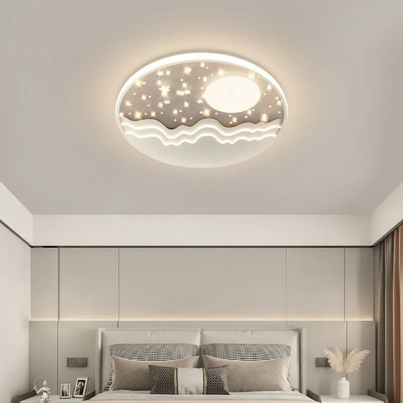 Moon ceiling light in 40cm, 50cm, or 60cm size, wrought iron and acrylic, white light or nonpolar, simple modern bedroom fixture.