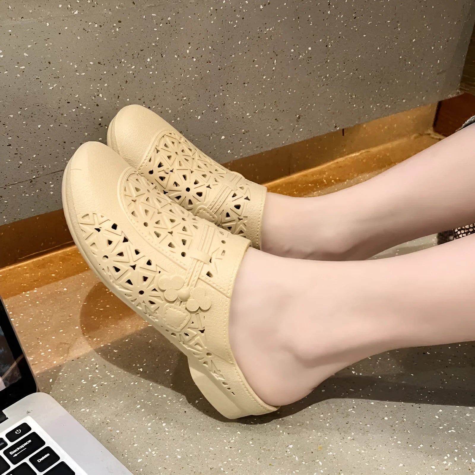 PVC fairy style half slippers with hollow-out design in apricot colour