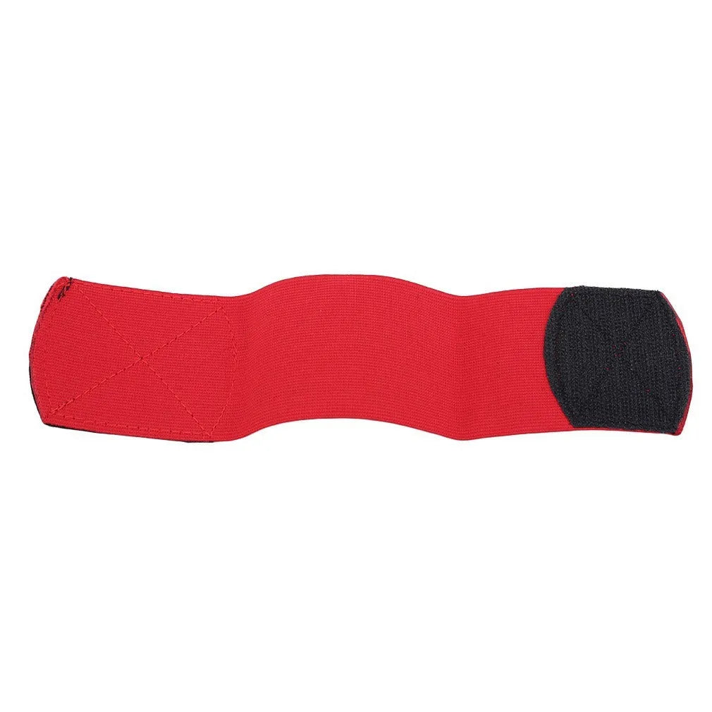 Red elastic rubber football shin guard tape belt laid flat, showing its length and width.