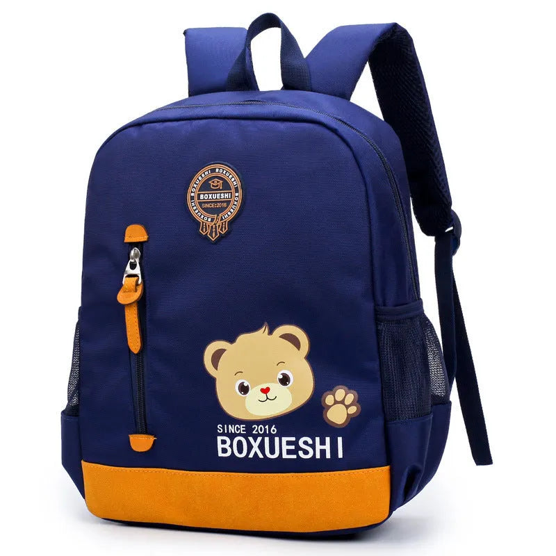 Cartoon bear nursery school backpack in deep blue colour for schoolboys