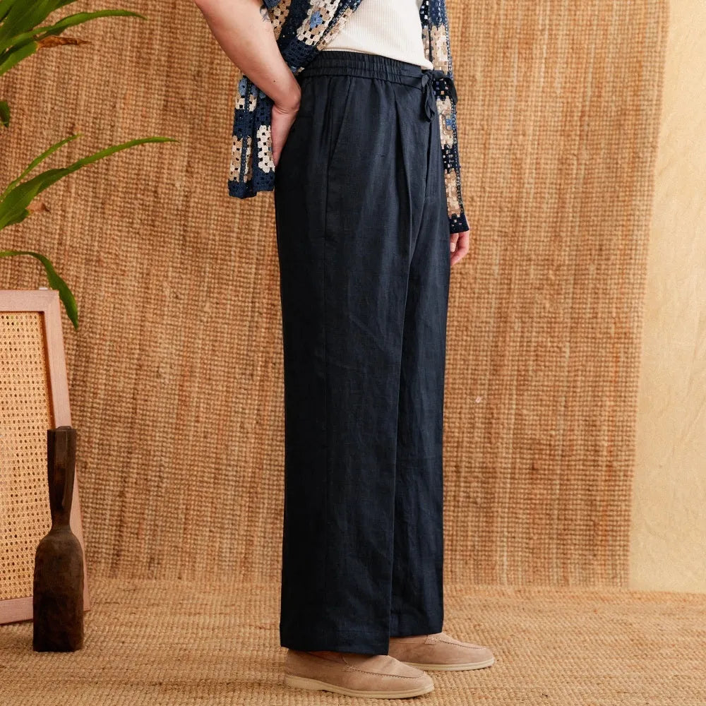 Women's linen high-waist trousers with elastic waistband and straight-leg lace detailing in navy blue