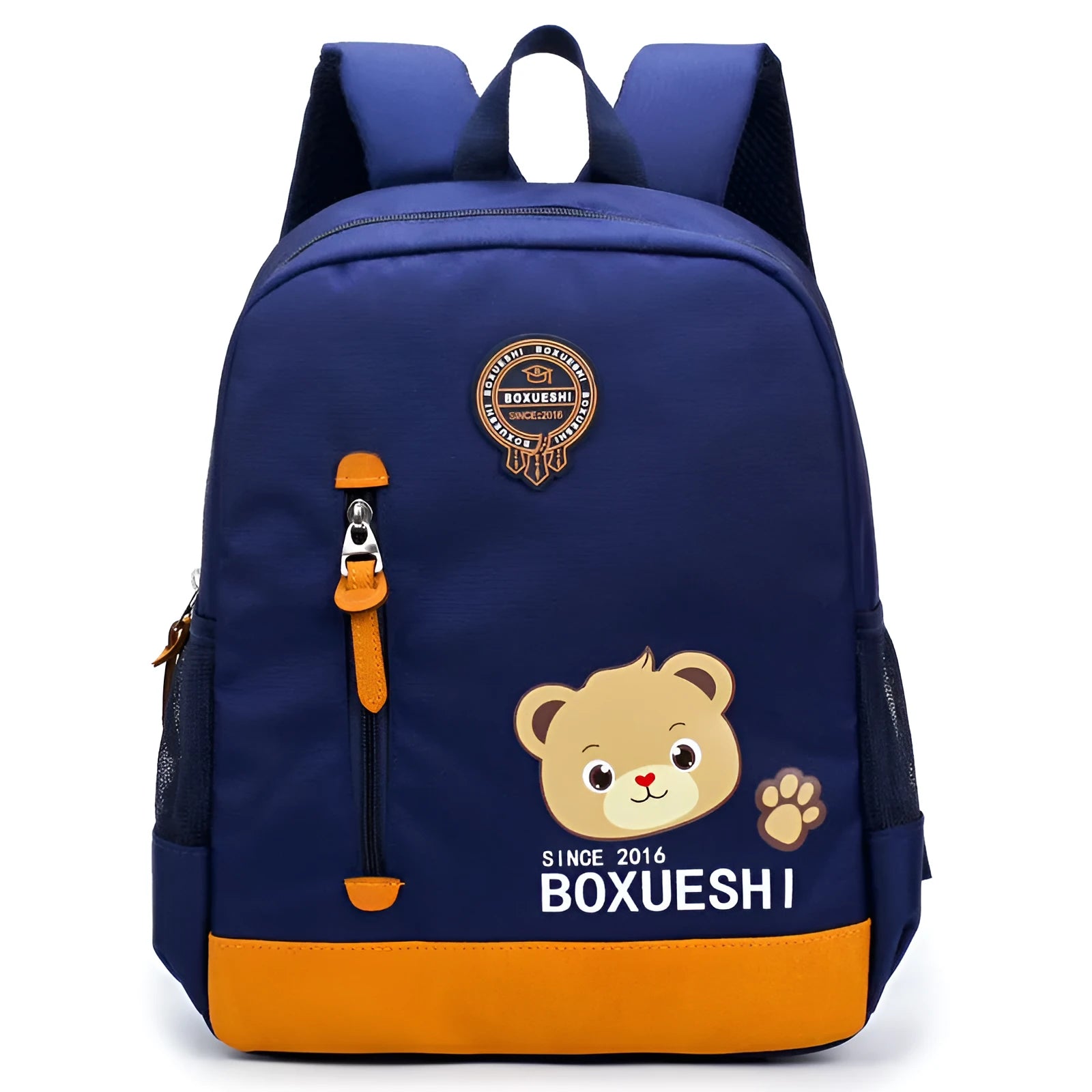 Cartoon bear nursery school backpack in deep blue colour for schoolboys