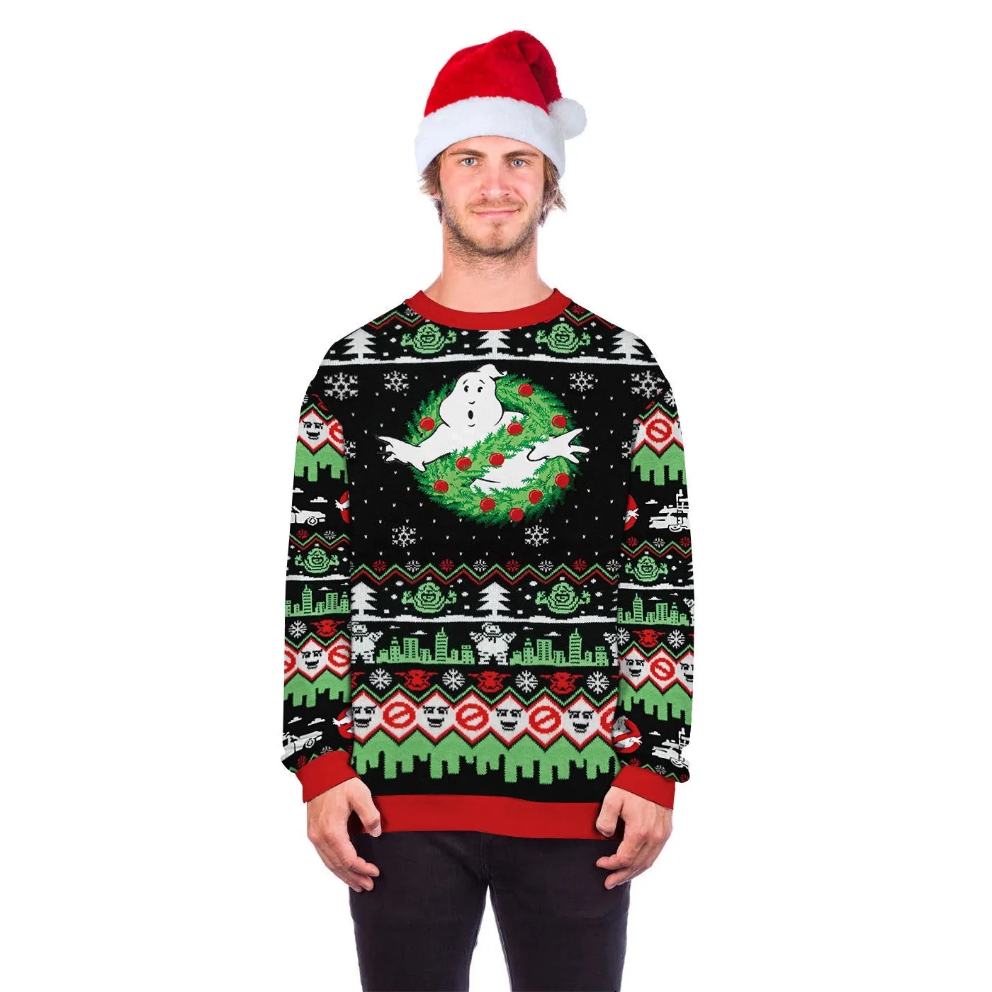 Christmas print sweater long sleeve polyester pullover in red and green pattern, front view