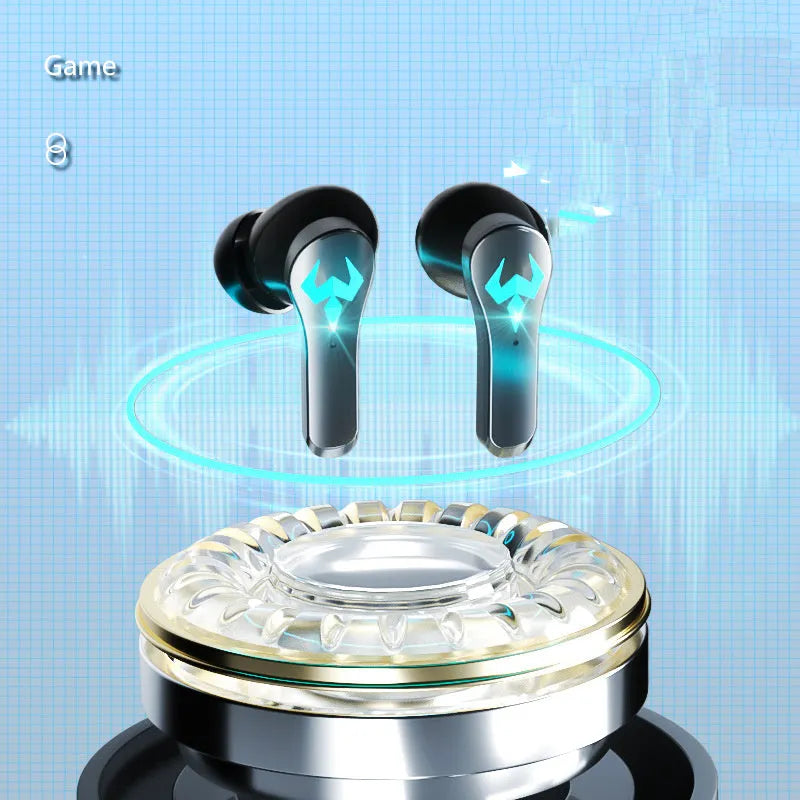 Black wireless in-ear sports gaming headset with Bluetooth 5.0 and noise cancellation.