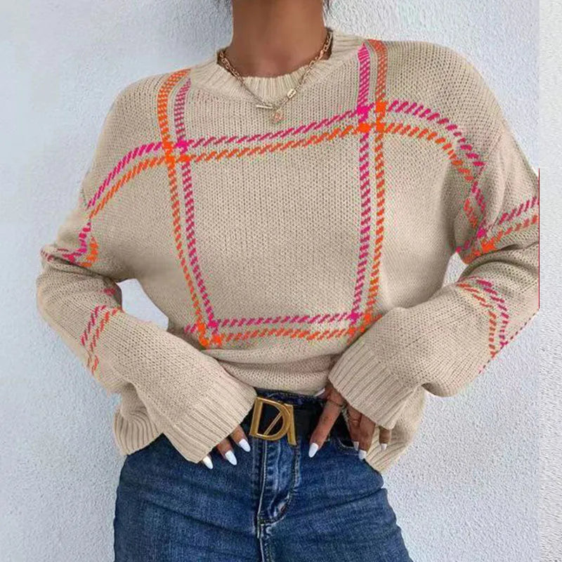 Women's plaid colour-block striped sweater in acrylic with crew neck and loose fit