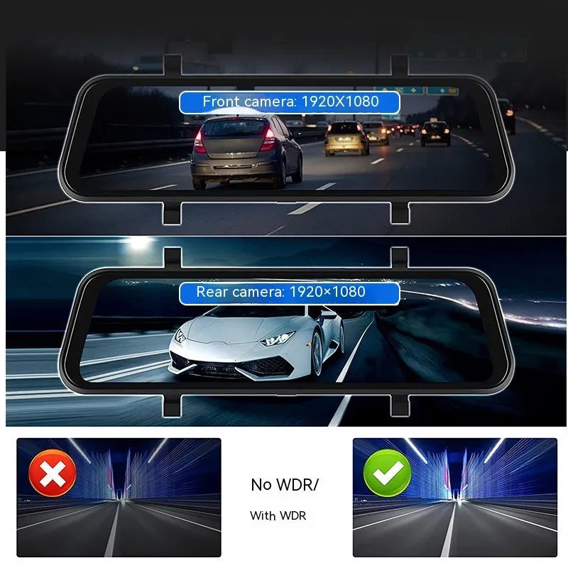 Black universal 9-inch car GPS navigation system with large touch screen and dual camera.