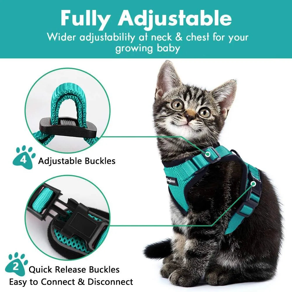 Escape proof cat vest harness in black with reflective trim and car seat belt adapter leash