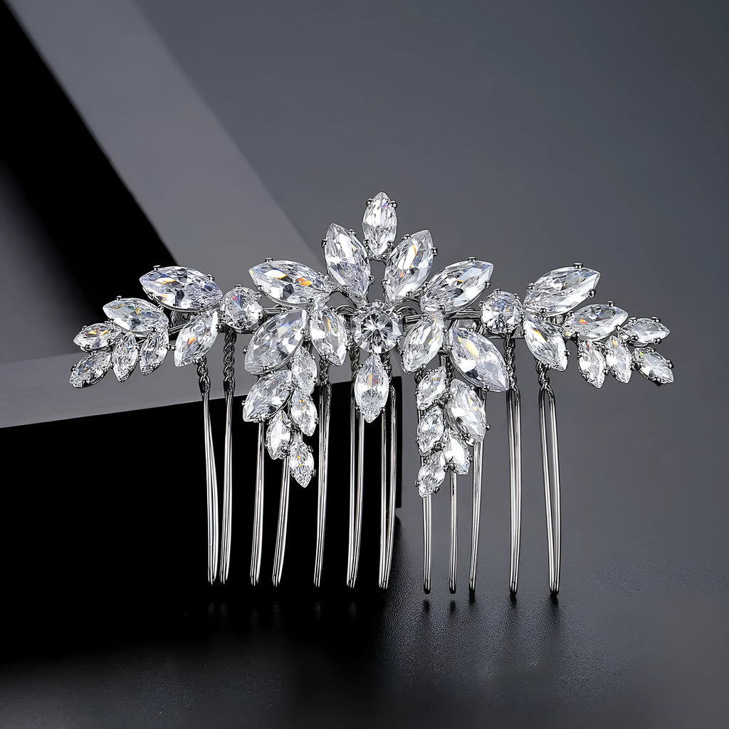 Copper bridal hair accessory with inlaid zircon stones in flower shape, electroplated finish