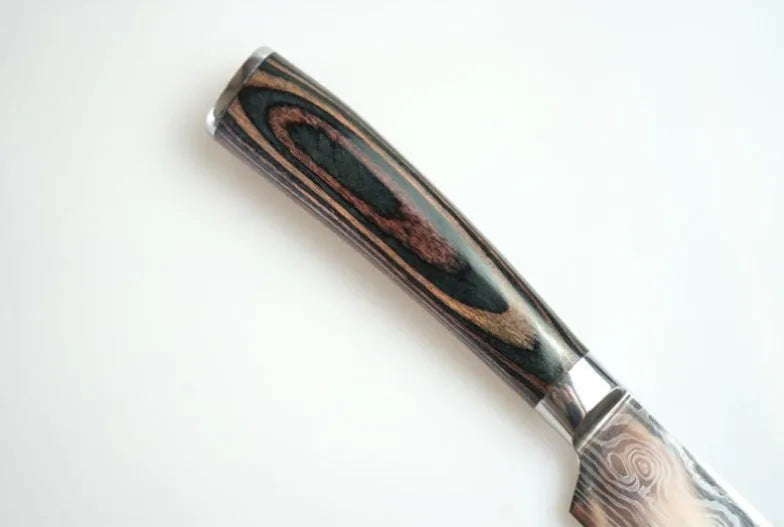 Stainless steel kitchen knife with coloured wood handle and laser Damascus pattern on the blade