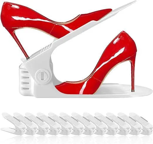 Adjustable storage double-layer thickened shoe rack in white, folded flat
