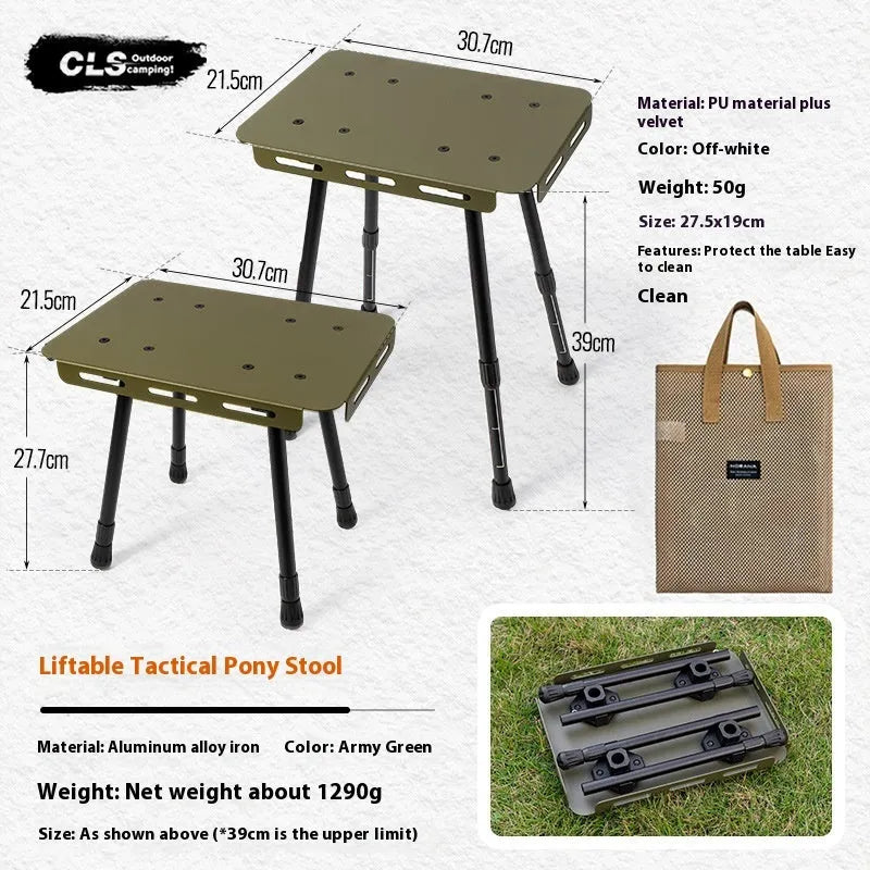 CLS aluminium dual-use folding camping stool converted into a small table next to its storage bag.