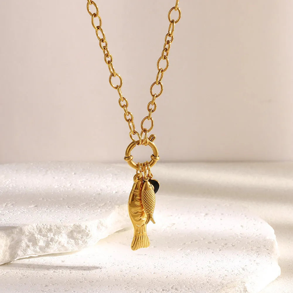 Stainless Steel Plated 18K Gold Necklace Little Fish Spring Fastener Animal O-Shaped Chain for Women Affordable Luxury Style Gold