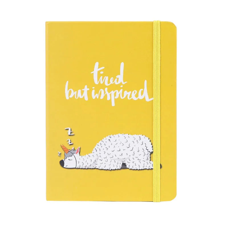 Alpaca cartoon notebook with paper cover showing 96 pages of 80g yellow paper in A5, A6 and A7 size options