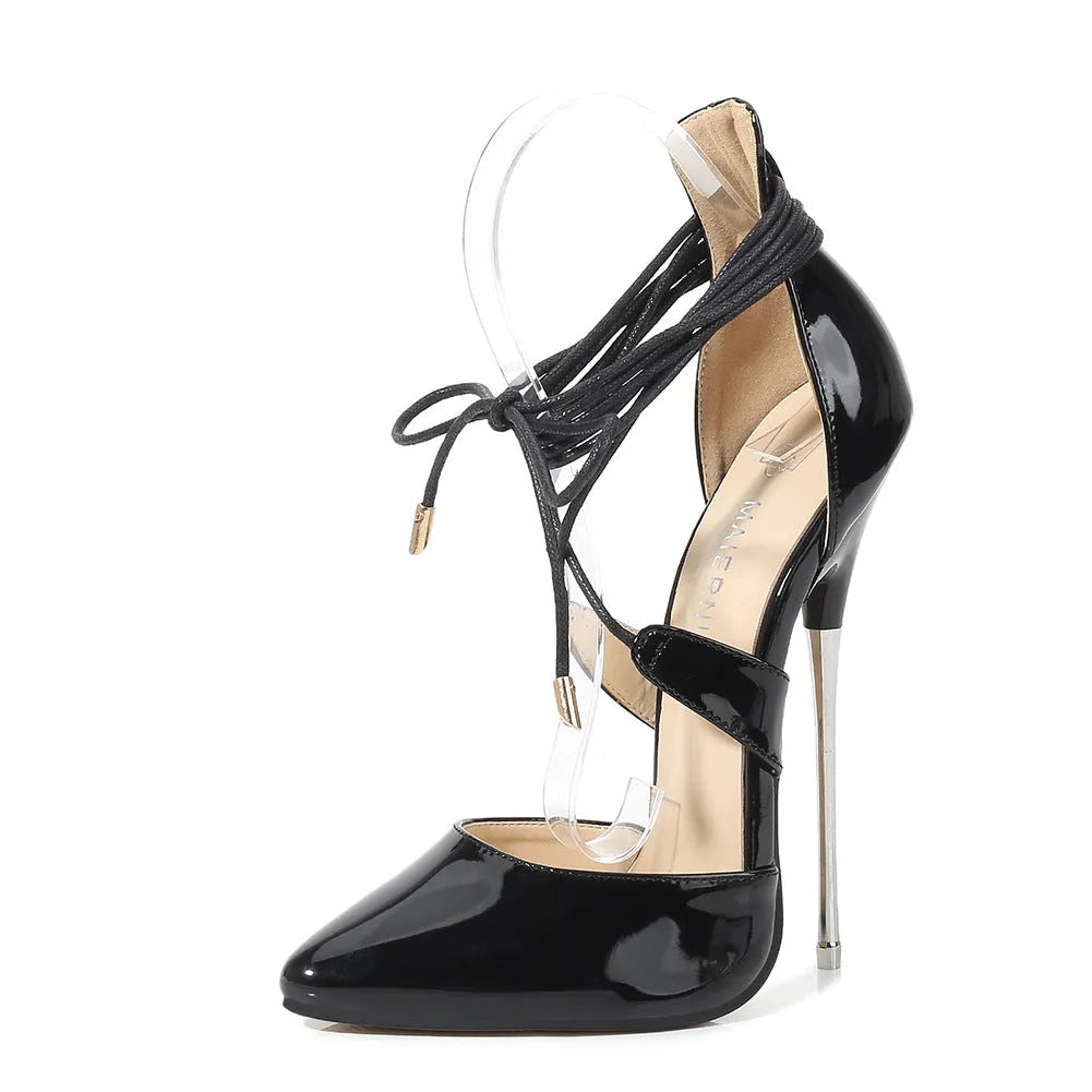 Women's lace high heels pointed toe cross strap metal detail artificial PU stiletto heels in black side view