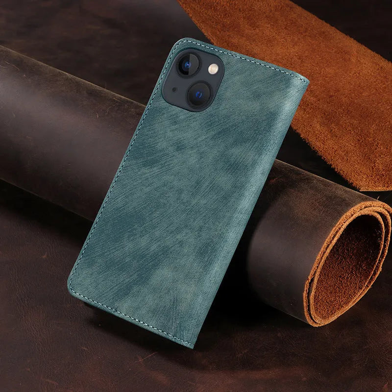 Magnetic flip phone case for iPhone in leather and TPU, shown closed with secure magnetic clasp.
