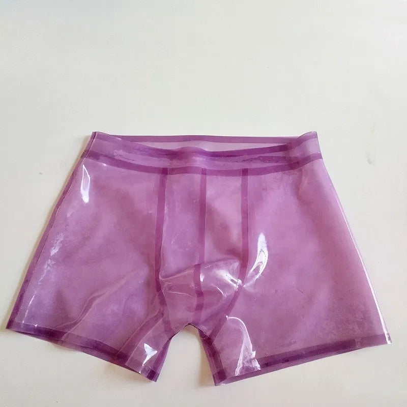 Natural pure latex low waist underwear for men in purple, front view, multiple sizes available XS to 3XL