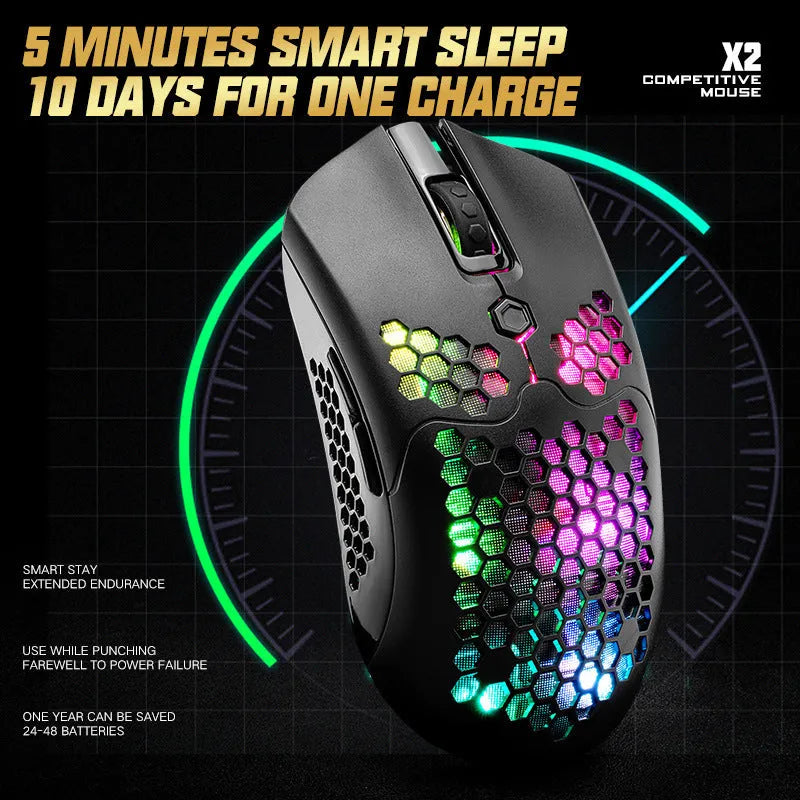 Free Wolf X2 wireless gaming mouse in black with RGB lighting lit, shown next to its USB-C cable and nano receiver.