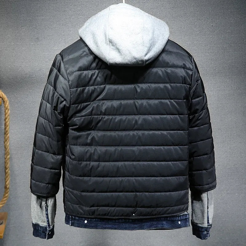 Thick cotton denim jacket for men, hooded lapel, slim fit, plain style, black colour